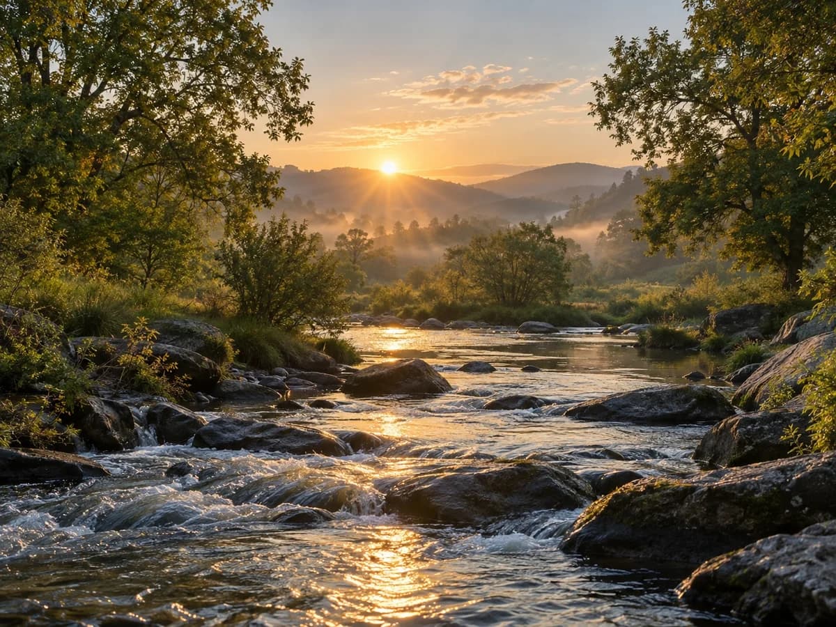 Sunrise over a peaceful stream flowing through a tree-lined valley